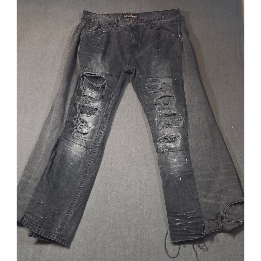 Copper Rivet Distressed Jeans Mens 38x32 Black Paint Splatter Reconstructed